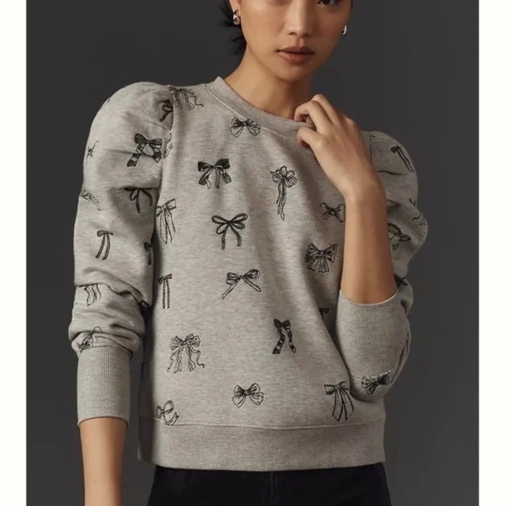 NWT Anthropologie Maeve Puff-Sleeve Embroidered Sweatshirt Grey Women's Size L